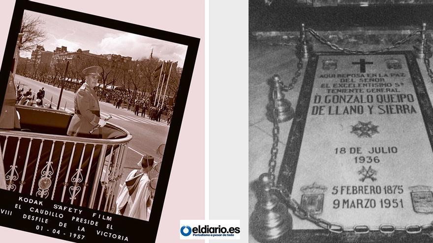 Fotomontaje con la portada del último boletín de la Fundación Nacional Francisco Franco y la tumba de Queipo de Llano en La Macarena.