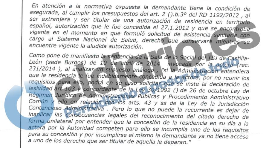 Extracto de la sentencia que reconoce el derecho de Estela a la tarjeta sanitaria. 