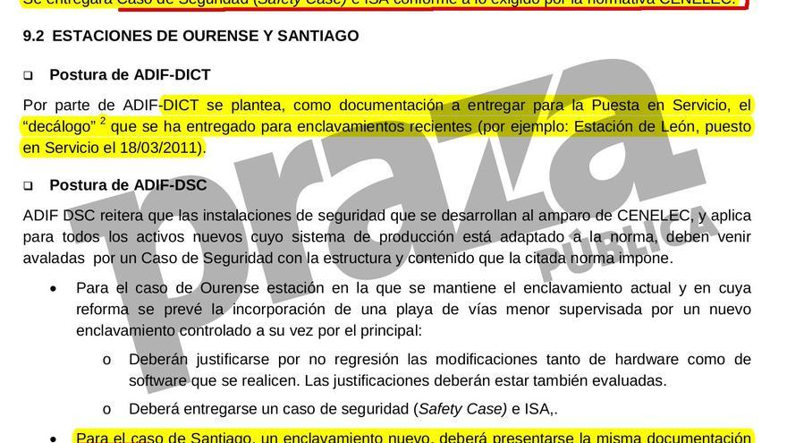 Acta en la que Adif admite la necesidad de una evaluación independiente de riesgos para el tramo de Santiago en el que está la curva de Angrois