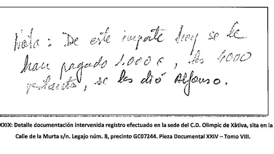 Anotación manuscrita intervenida por la Guardia Civil en el registro del Olimpic de Xàtiva.