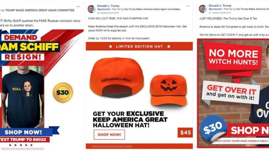 Anuncios de Trump promoviendo la compra de merchandising.