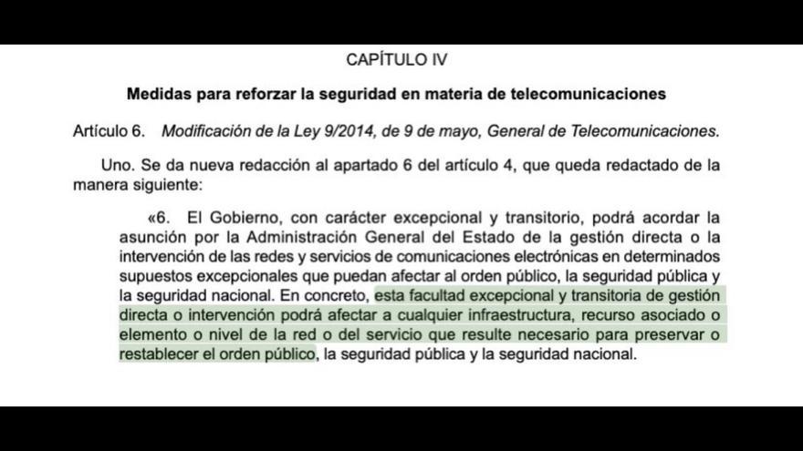 Argumentación presente en el decreto-ley por el que el Gobierno se autoriza a controlar Internet para "restablecer el orden público"