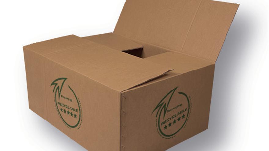 Caja de cartón con sello de cinco estrellas de reciclabilidad de la empresa Dríade SM.