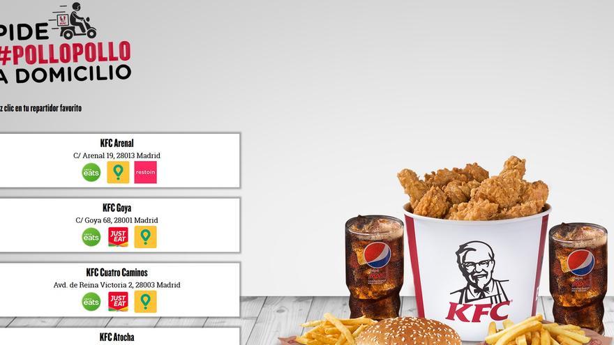 Captura de la página web de KFC con los servicios de reparto disponibles para una calle del centro de Madrid. 