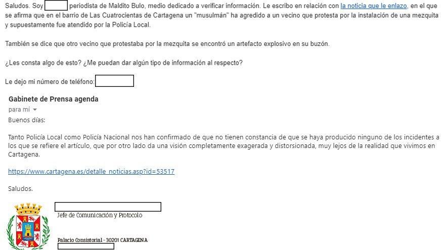 Captura de la respuesta del Ayuntamiento de Cartagena