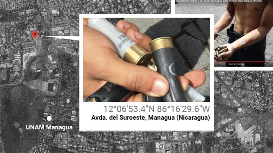 Cartuchos españoles encontrados la mañana del 23 de junio de 2018 cerca de la universidad de Managua. 