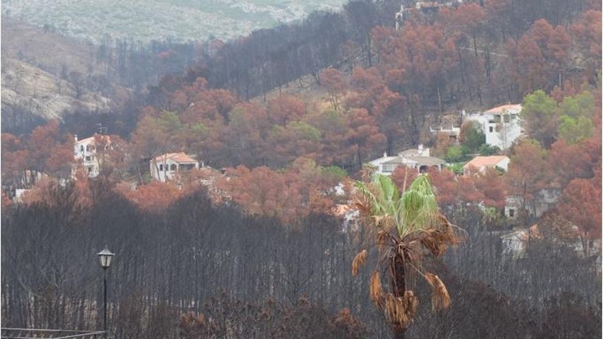 Casas afectadas en el término municipal de Gandía por el incendio forestal de Llutxent provocado por causas naturales (rayo) en 2018.