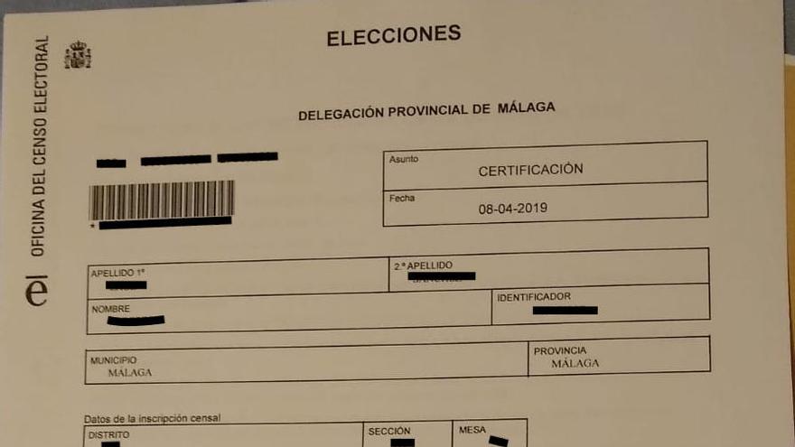Ejemplo de un Certificado de Inscripción en el Censo Electoral