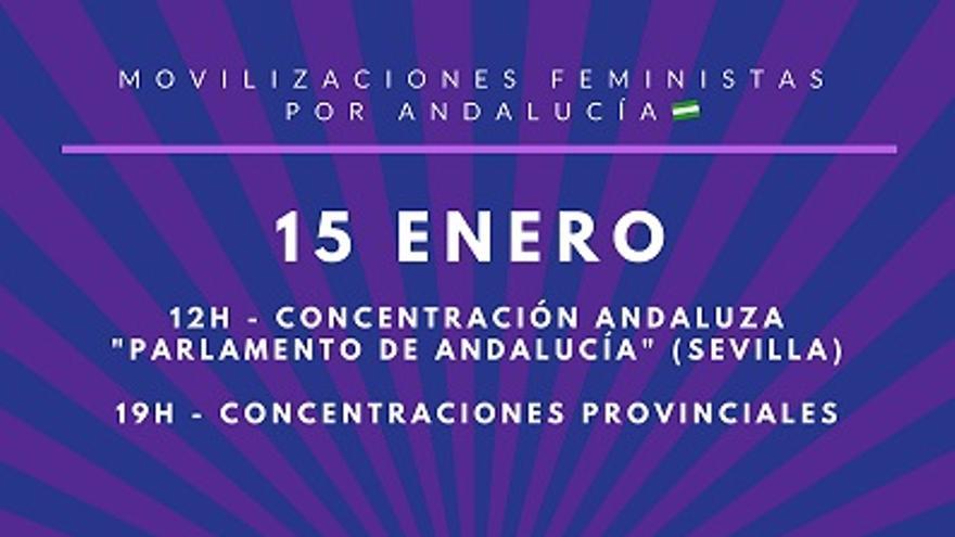 Colectivos de mujeres y feministas de Andalucía convocan concentraciones ante el Parlamento de Andalucía y en las provincias el 15 de enero.