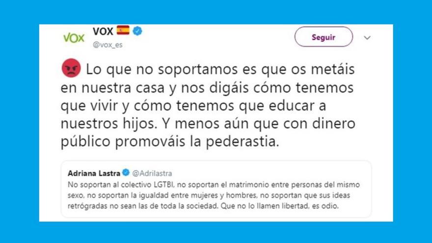 Comentario de Vox que Twitter considera ofensivo contra el colectivo LGTBI y que ha llevado al bloqueo de la cuenta del partido de extrema derecha.