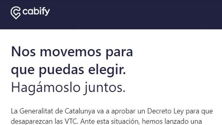 Correo de Cabify en la que pide a sus clientes apoyo en change.org contra el decreto de la Generalitat de Catalunya que afecta a las VTC