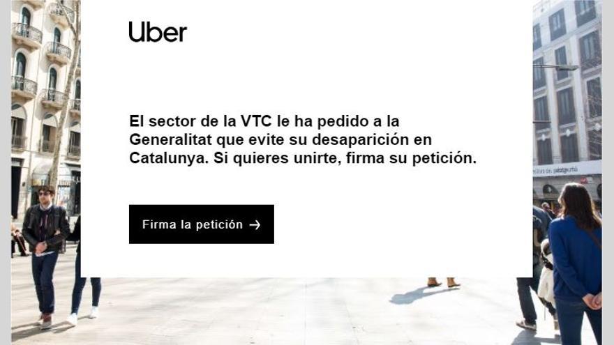 Correo que Uber ha mandado a sus clientes pidiendo su firma de apoyo para frenar las medidas catalanas sobre VTC.