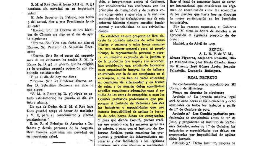 Decreto de la jornada de ocho horas, firmado por Alfonso XIII