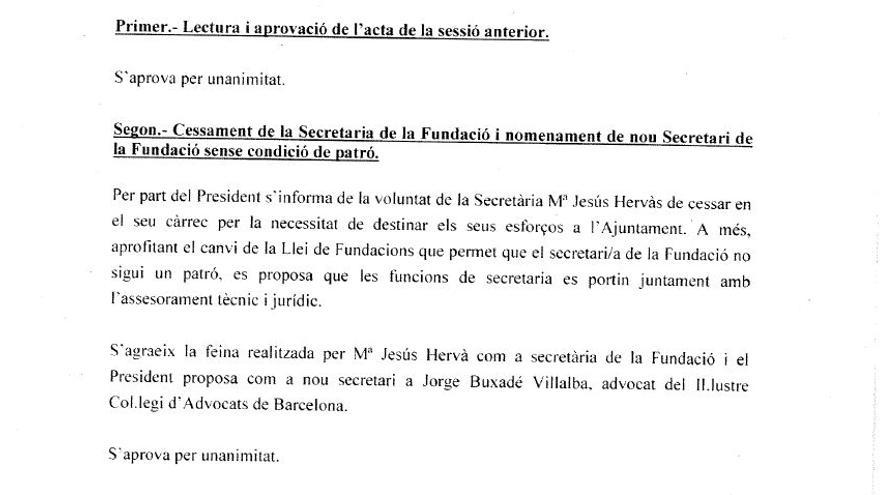 Detalle del acta de nombramiento de Buxadé como secretario de la fundación Badalona Capital Europea del Bàsquet