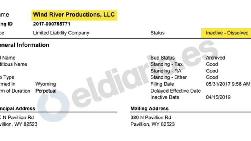 Documentació aportada por la Secretaría de Estado de Nevada que muestra que la empresa Wind River Productions está disuelta.