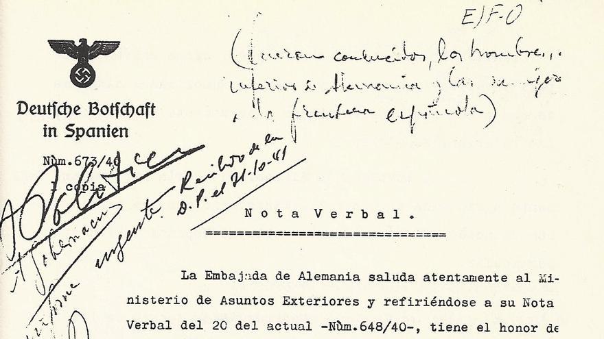 Carta enviada por la Embajada nazi en Madrid al Ministerio de Asuntos Exteriores