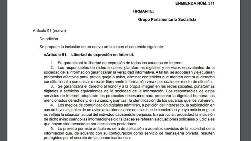 Enmienda del PSOE al Proyecto de Ley Orgánica de Protección de Datos de Carácter Personal.