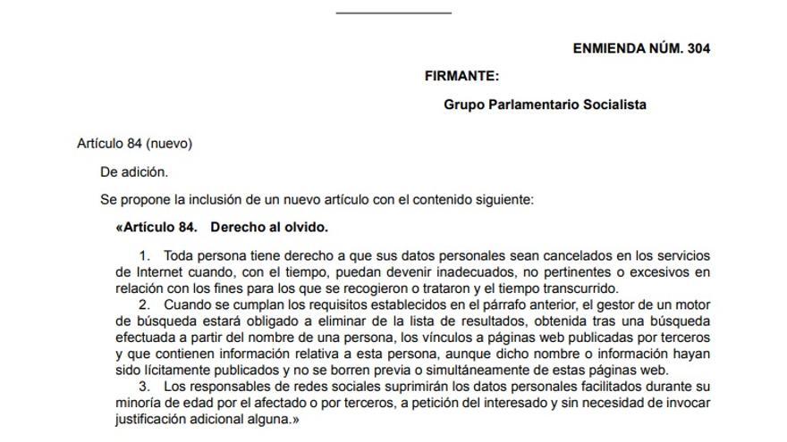 Enmienda del PSOE al Proyecto de Ley Orgánica de Protección de Datos de Carácter Personal.
