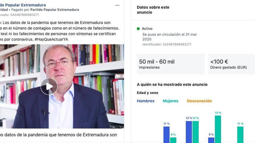 Estadísticas de impacto (en el momento de publicación de esta noticia) de uno de los anuncios en Facebook para atacar al Gobierno pagados por Monago.