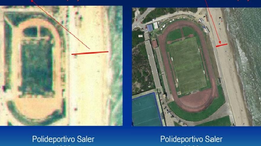 Evolución de la línea de playa junto al antiguo polideportivo del Saler entre 1986 y 2009
