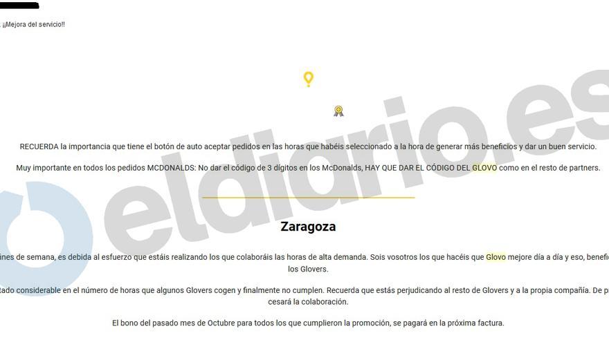Extracto del email de Glovo del pasado 7 de noviembre a sus repartidores en Zaragoza. 