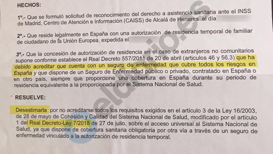 Extracto de la resolución del Instituto Nacional de Seguridad Social (INSS), dependiente del Ministerio de Trabajo, en la que deniega el acceso a la sanidad de Juan. 