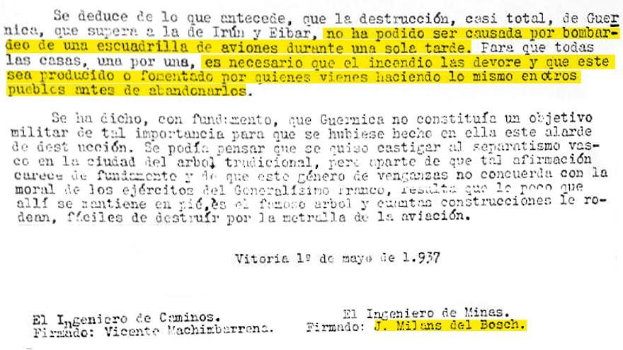 Extracto del documento de los servicios secretos de Franco sobre Gernica