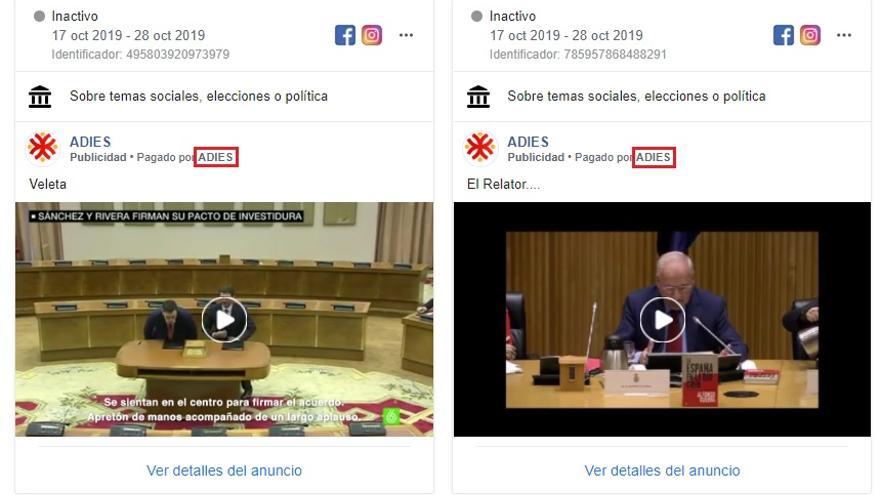 Dos anuncios pagados en Facebook por la 'Asociación para la defensa de los intereses de España'. Javier Barrallo desaparece del campo de pagador y aparece "Adies".