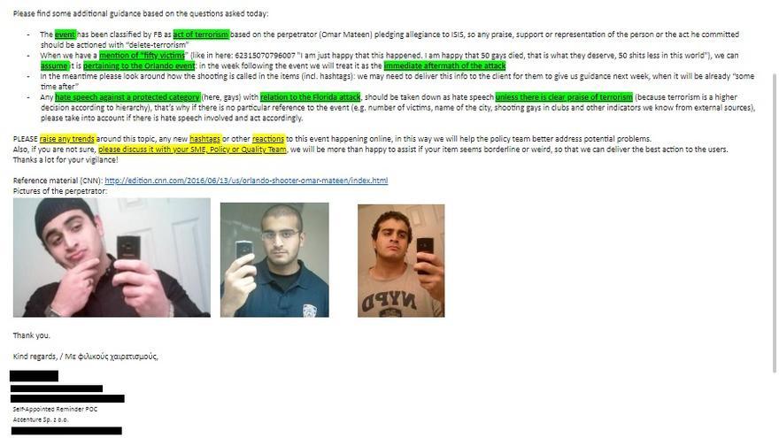 Un correo interno de Facebook en el que se explica a los trabajadores cómo proceder ante el atentado terrorista perpetrado por Omar Mateen en un pub gay en la madrugada del 12 de junio de 2016
