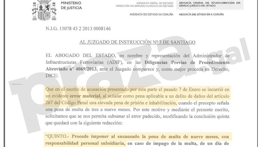 Fragmento del escrito de Adif al juzgado de Santiago reconociendo su error en la petición de condena al maquinista