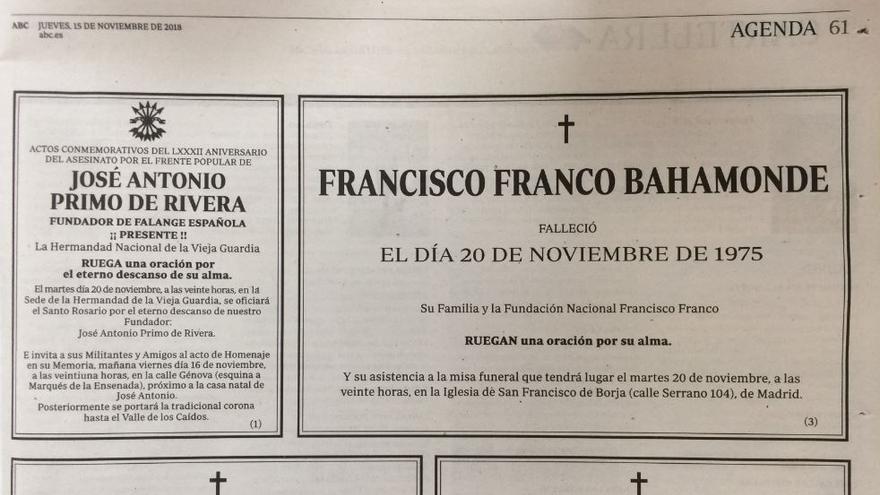 Las esquelas de Francisco Franco y José Antonio Primo de Rivera publicadas en la edición del 15 de noviembre de 2018 del diario 'ABC'