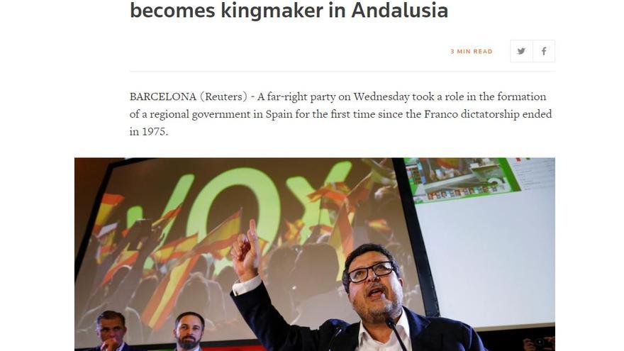 "En la primera vez después de Franco en España, un partido de extrema derecha se convierte en 'hacedor de reyes' en Andalucía", titula 'Reuters'