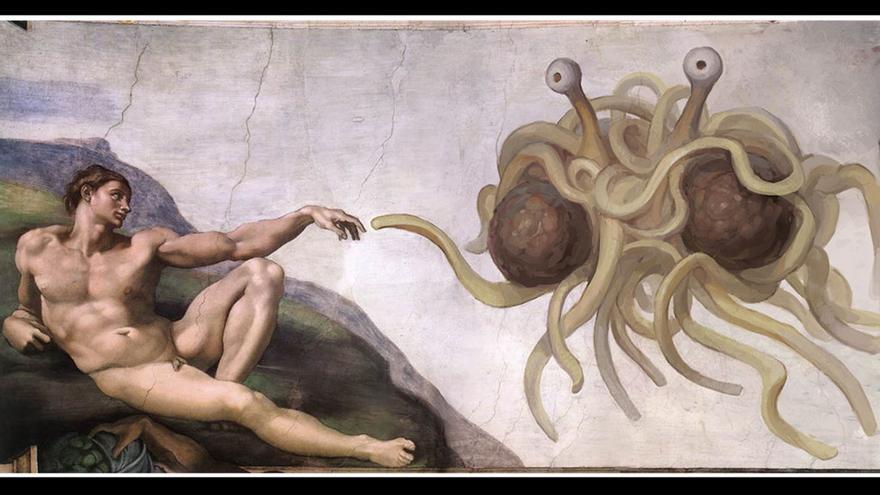 Una de las imágenes icónicas usadas en la Iglesia del Monstruo Espaguetti Volador de EEUU