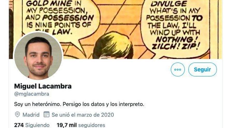 Imagen del perfil de 'Miguel Lacambra' este sábado, en el que especifica que se trata de un heterónimo. En versiones anteriores su biografía aseguraba que era "periodista y economista" y haber trabajado en Radio Nacional y la Agencia EFE.