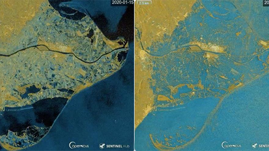 Imágen del satélite Sentinel 1 los días 15 y 21, antes y durante el temporal