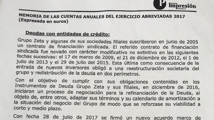 Informe de la deuda de Servicios de Impresión de Levante SA, filial de Pecsa en la que tiene acciones Ximo Puig.