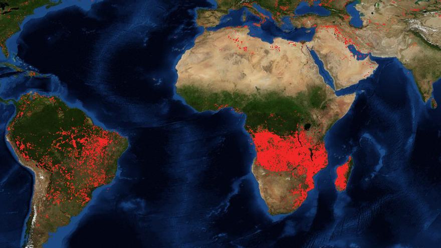 Localización de incendios en el mundo según satélites de la NASA.