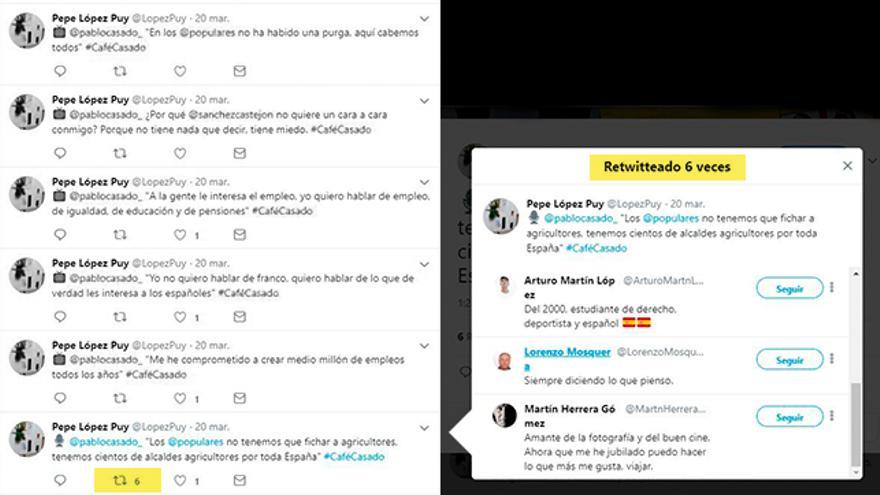 Los comentarios de López Puy apenas reciben interacciones, excepto cuando hace aparición parte de la red de cuentas falsas, siempre las mismas, que apoyan a Pablo Casado en Twitter. Los investigadores de 'Heurística' creen que son los perfiles que López Puy controlaba.