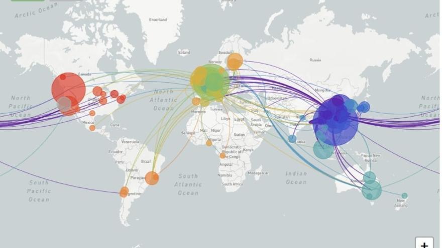 Mapa global de Nextstrain con la reconstrucción de la propagación geográfica de los virus SARS-CoV-2. Se visualizan 529 genomas muestreados entre diciembre de 2019 y marzo de 2020. 