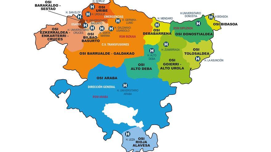 Mapa de la división territorial del Servicio Vasco de Salud (Osakidetza)