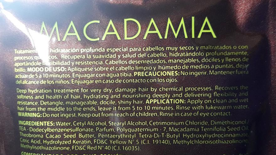 Mascarilla capilar de nueces de macadamia. Precaución: no ingerir 