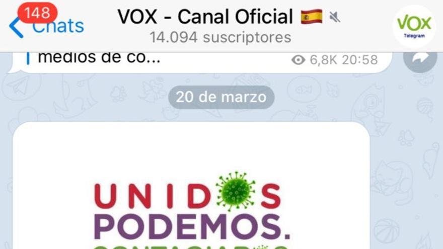 Mensaje en el grupo oficial de Vox en el que la formación comparte propaganda que asocia a PSOE y Unidas Podemos con el coronavirus con objetivo de que sus simpatizantes la compartan en sus redes