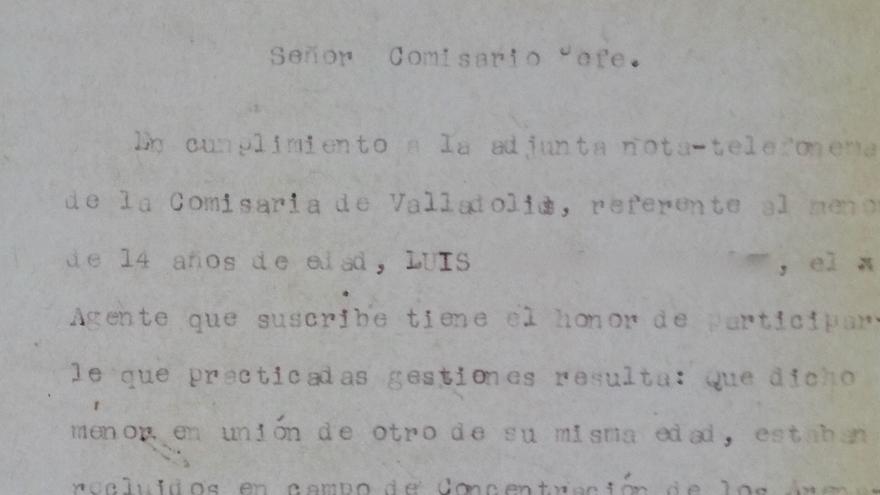 Nota policial en la que se informa del supuesto intento de fuga de dos prisioneros de 14 años del campo de concentración de Los Arenales (Cáceres)