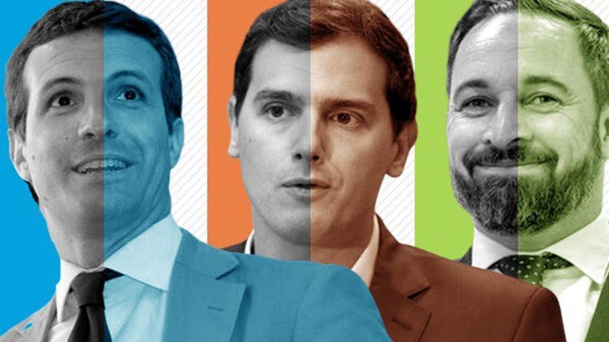 Los líderes del PP, Pablo Casado; Ciudadanos, Albert Rivera; y Vox, Santiago Abascal