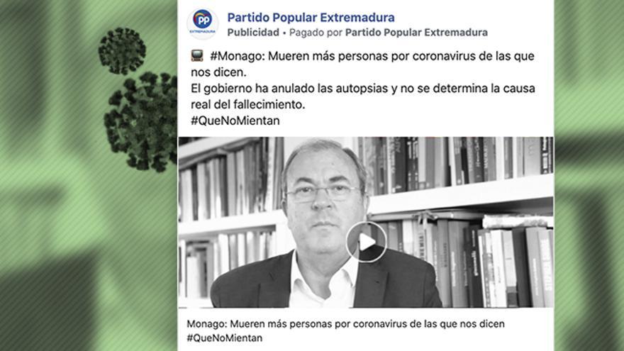 Uno de los anuncios del PP de Extremadura en los que acusan al Gobierno de falsear los datos de fallecidos de coronavirus