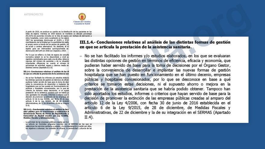 Parte del anteproyecto del informe de fiscalización de gasto sanitario en Madrid (2011-2015). 