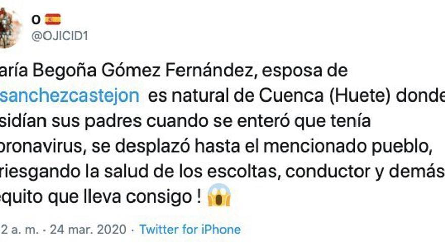 Primer mensaje que cita en Twitter el bulo sobre la presencia de Begoña Gómez, esposa de Pedro Sánchez, y sus hijas, en Huete (Cuenca).
