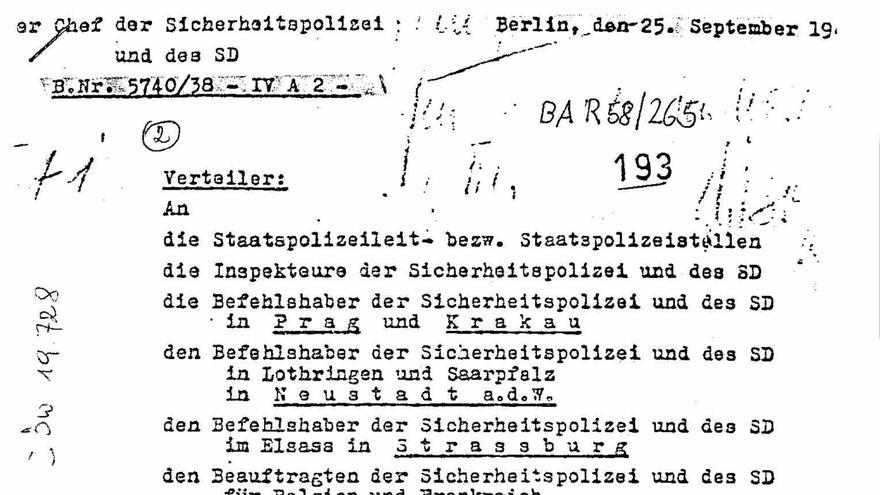 Primera página de la orden de la Oficina del Seguridad del Reich en la que ordenaba a la Gestapo sacar a los españoles de los campos de prisioneros de guerra y enviarlos a campos de concentración