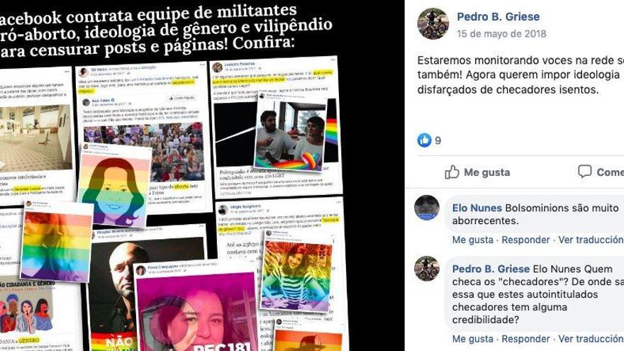 Propaganda distribuida por las comunidades afines al presidente brasileño Jair Bolsonaro con ataques personales contra los periodistas miembros de los medios de verificación brasileños.
