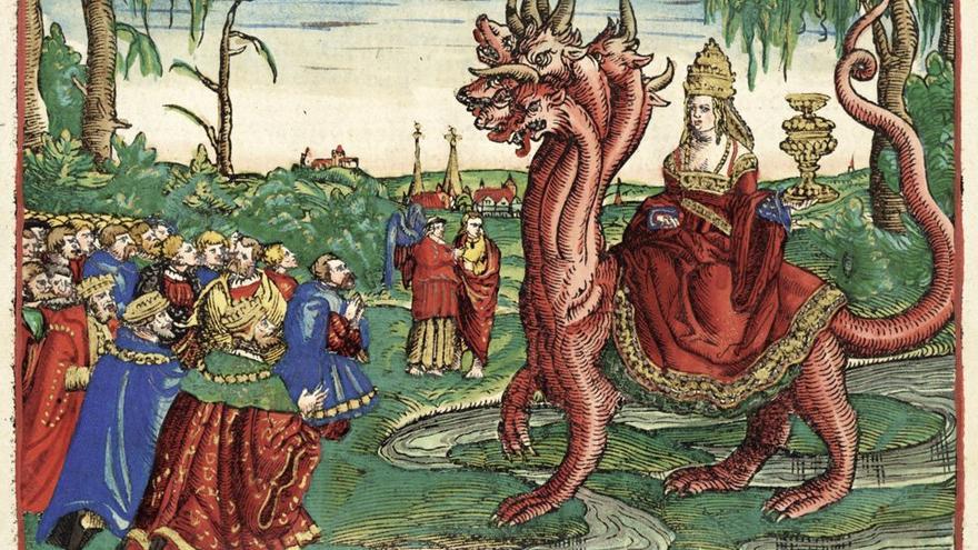 La Ramera de Babilonia en una ilustración de la Biblia traducida por Martín Lutero de 1534.